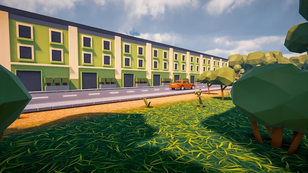 Edificios verdes en la calle con coche y carretera un paisaje de ciudad virtual en representación 3D de polígono bajo