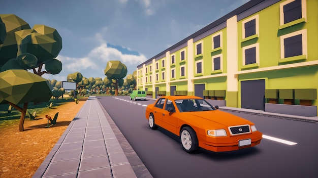 Edificios verdes en la calle con coche y carretera un paisaje de ciudad virtual en representación 3D de polígono bajo