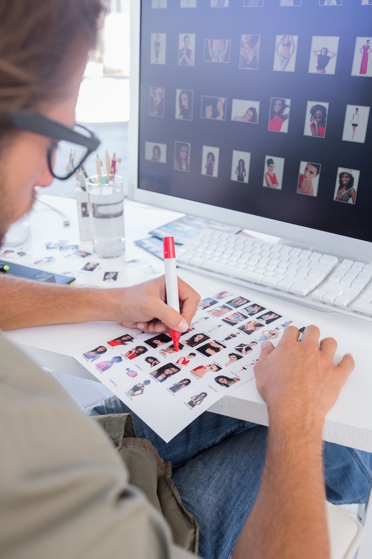 Foto editor de fotos fazendo alguns cortes na folha de contato