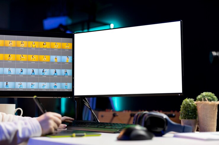 Foto editor de fotos que utiliza una maqueta de pantalla de pc para crear una imagen promocional