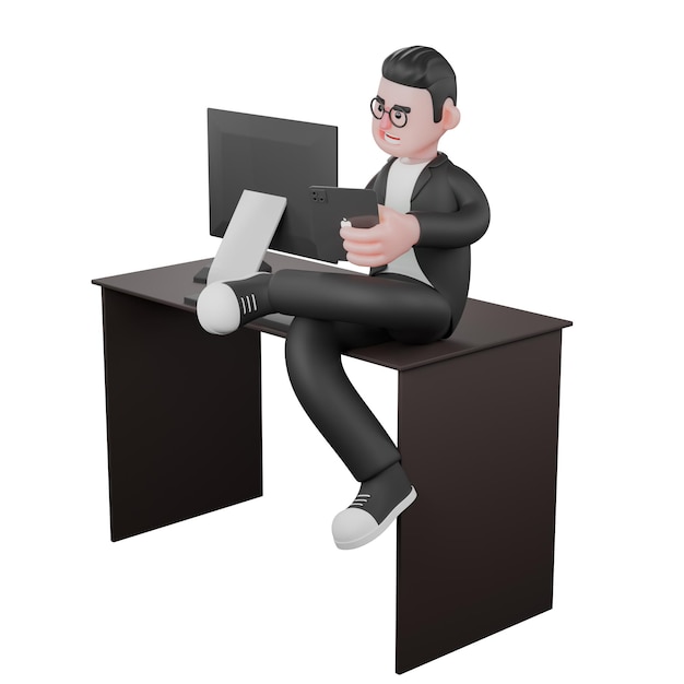 Editor masculino profesional Un editor masculino está sentado en su escritorio mientras sostiene un teléfono móvil 3D Medi