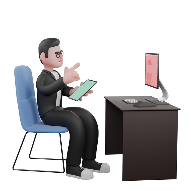 Un editor masculino se sienta frente a un monitor en su escritorio mientras