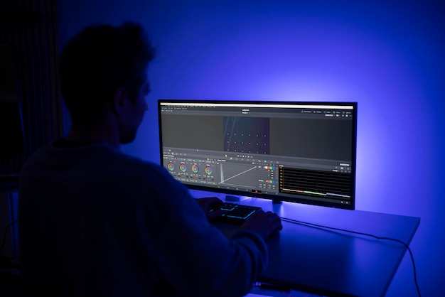 Un editor de video se centra atentamente en una compleja interfaz de software de edición mientras ajusta el contenido en una estación de trabajo de doble pantalla en un entorno oscuro iluminado por una luz de fondo azul suave