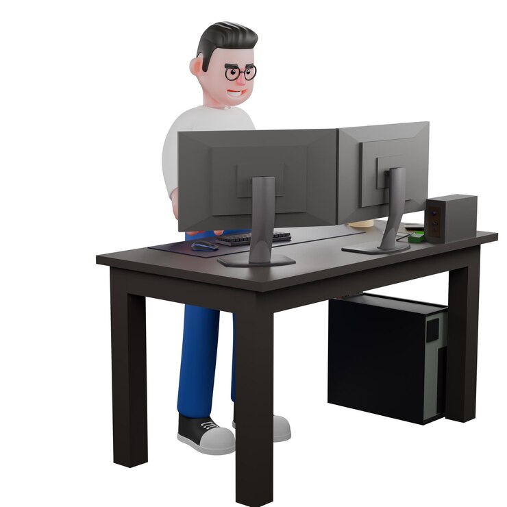 Foto un editor de video masculino está de pie detrás de un escritorio con dos computadoras en él expresión multitarea