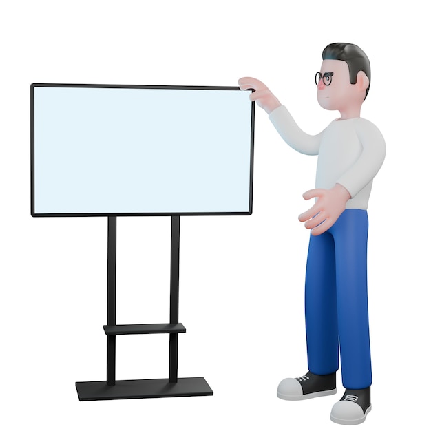 Un editor de video masculino está de pie junto a una pantalla de televisión mientras la toca con la mano derecha