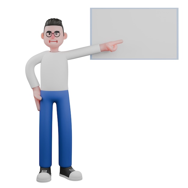 Un editor de video masculino de pie con la mano izquierda apuntando al tablero y la mano derecha en la cintura