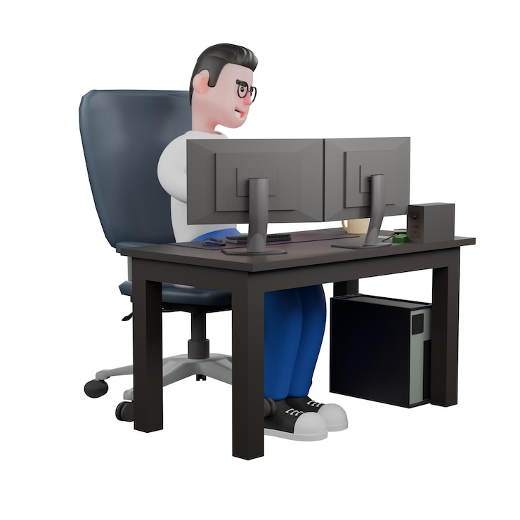 Foto un editor de video masculino sentado en una silla con dos computadoras en el escritorio y las manos en el teclado