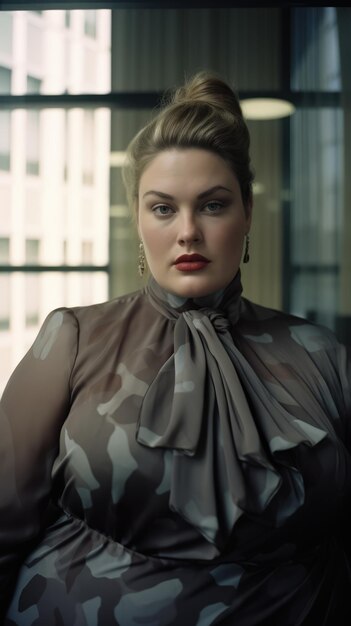 Editorial Highfashion gerente feminina plussize em traje de vanguarda escritório de luxo Mamiya 7 80