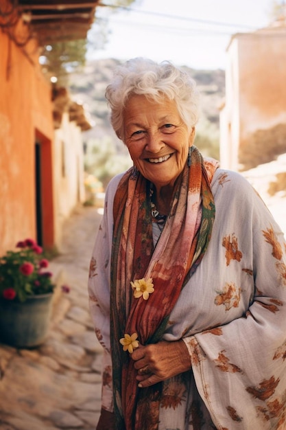 Foto editorial mulher idosa feliz numa aldeia típica de espanha