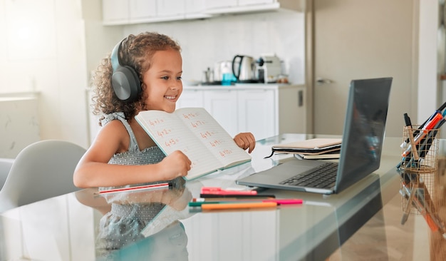 Educação a distância e uma garotinha na aula virtual em um laptop sorrindo e mostrando sua foto na videochamada Criança feliz orgulhosa de sua lição de casa se divertindo online enquanto está sentado em casa