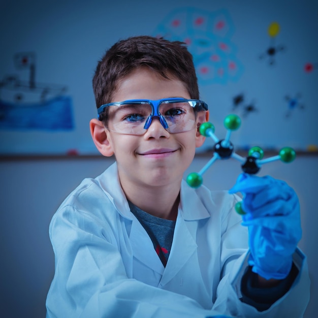 Foto educação científica garoto bonito segurando modelo molecular