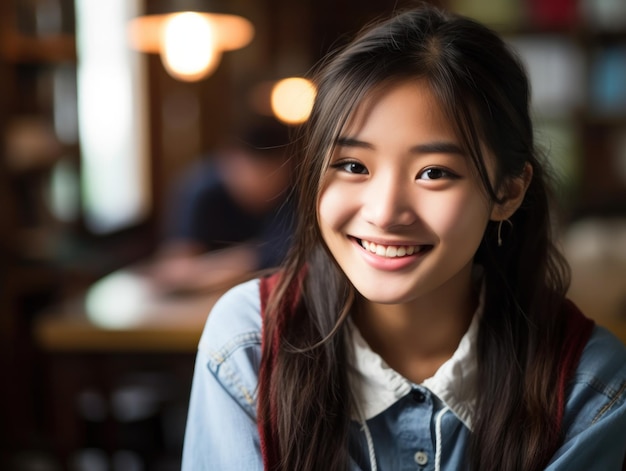 Educação de meninas asiáticas Feliz e linda menina asiática está sorrindo