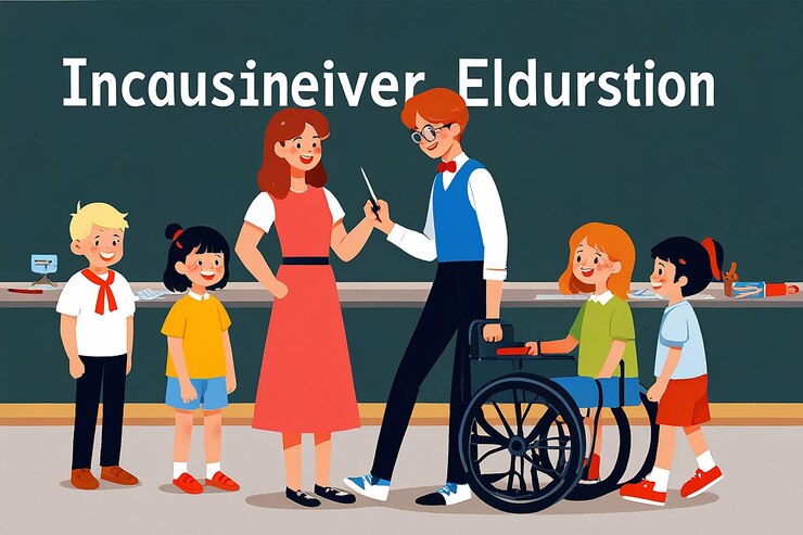 Foto educação inclusiva homem com ponteiro ensinando um grupo diversificado de crianças com deficiência