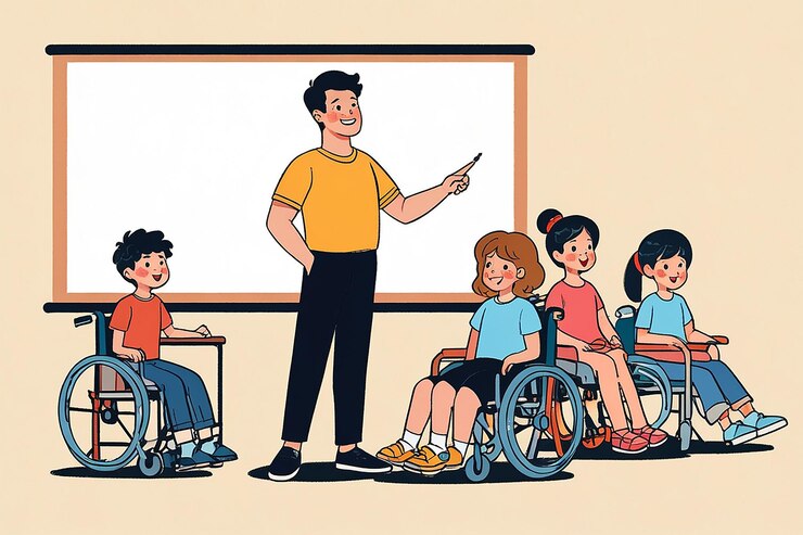 Foto educação inclusiva homem com ponteiro ensinando um grupo diversificado de crianças com deficiência