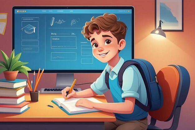 Foto educação on-line ilustração vetorial moderna de um estudante feliz de escola primária trabalhando no computador