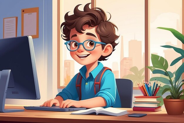 Foto educação on-line ilustração vetorial moderna de um estudante feliz de escola primária trabalhando no computador