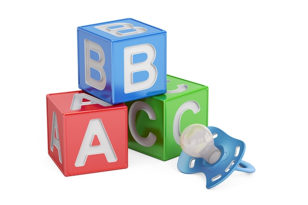 Foto educação para bebê conceito de cubos abc com chupeta renderização 3d