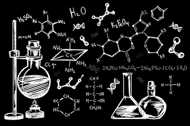 Educación ciencias exactas y concepto de desarrollo con fórmulas químicas escritas a mano con tiza y matraces en la representación 3D de fondo de pizarra