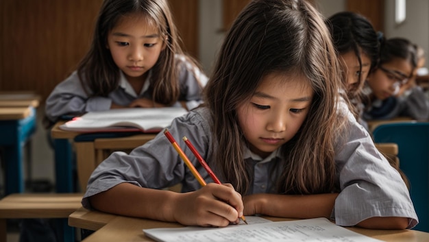 educación y concepto escolar niña estudiante estudiando en la escuela vista lateral trasera en el aula