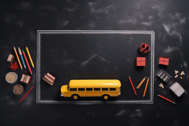 Educación y concepto de regreso a la escuela papelería y autobús sobre pizarra de aula vista superior plana l