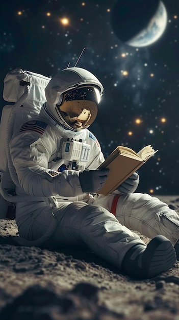 Foto educación cósmica el astronauta disfruta de un libro en medio de la soledad lunar