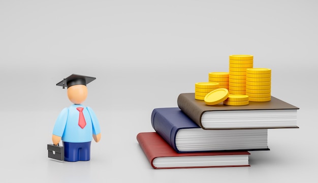 Educación costosa Educación empresarial por un salario más alto o un negocio exitoso Un hombre de negocios con una gorra de posgrado cerca de libros con monedas 3d render