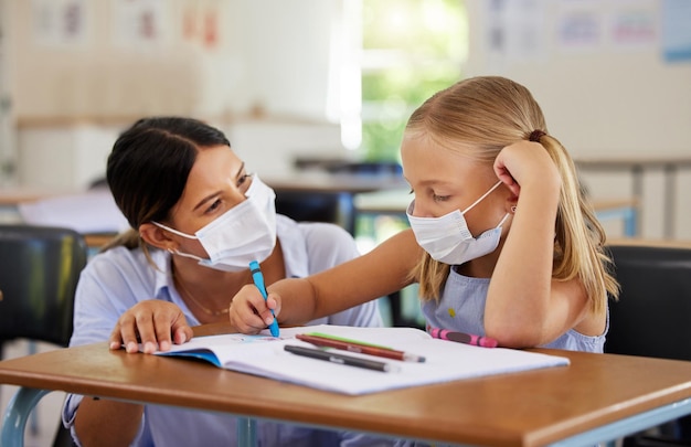 Educación covid y aprendizaje con mascarilla en una niña que hace trabajo escolar en un maestro de clase que ayuda a un estudiante mientras escribe en clase Niño de primaria que usa protección para detener la propagación de un virus