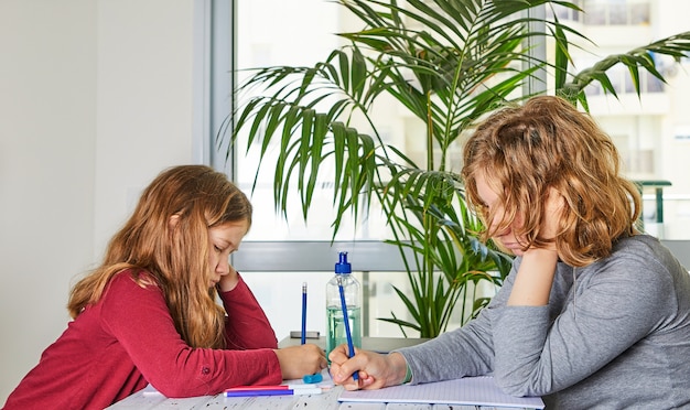 Educación a distancia en línea. Las colegialas hermanas mayores y menores estudian en casa con una computadora portátil y hacen la tarea escolar.