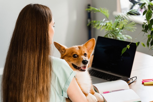 Educación a distancia Niña estudiante con laptop estudia en línea con su encantador perro Corgi en casa Mujer joven abraza Welsh Corgi Pembroke y toma notas en el cuaderno Estilo de vida con mascota doméstica