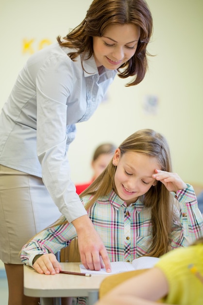 educación, escuela primaria, aprendizaje y concepto de personas - maestro ayudando a la niña de la escuela a escribir prueba en el aula