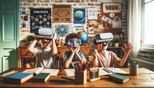 Educación estimulante tres estudiantes emocionados con la realidad virtual en el aula
