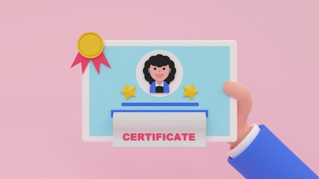 Educación en línea. Tableta digital con certificado de educación 3d renderizar ilustración