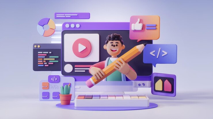 Foto educación en línea tutor de dibujos animados 3d codificación curso de video diseño de redes sociales