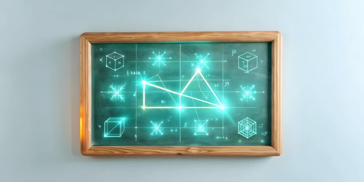 Foto educación matemática virtual tabla holográfica con ecuaciones flotantes en fondo blanco