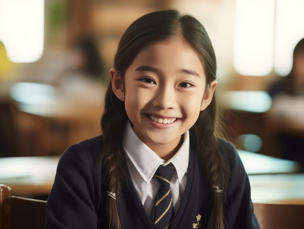 Educación de niñas asiáticas Feliz hermosa niña asiática está sonriendo