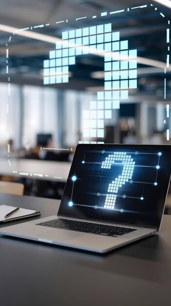 Educación preguntar símbolo y concepto de problema con signos de interrogación digitales en el portátil moderno en la pestaña de la oficina