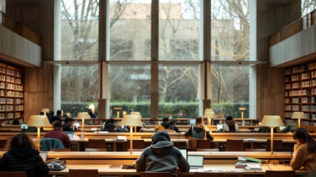 Educación tecnología espacio biblioteca zona de estudio estudiantes profundamente en las pilas de libros de investigación