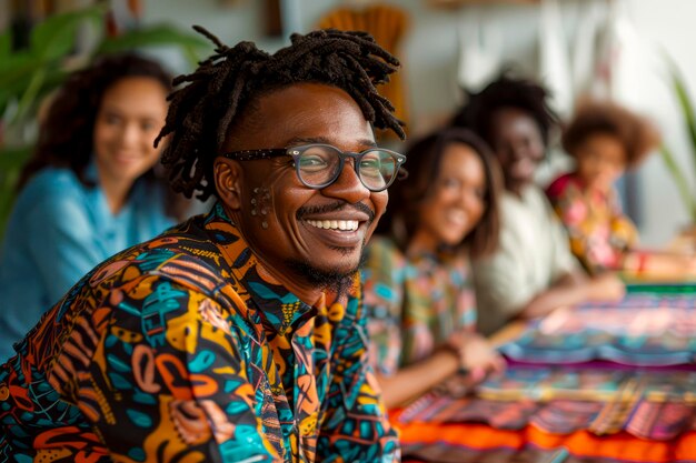 Foto educador afroamericano feliz filma un tutorial de diseño de moda en el escritorio