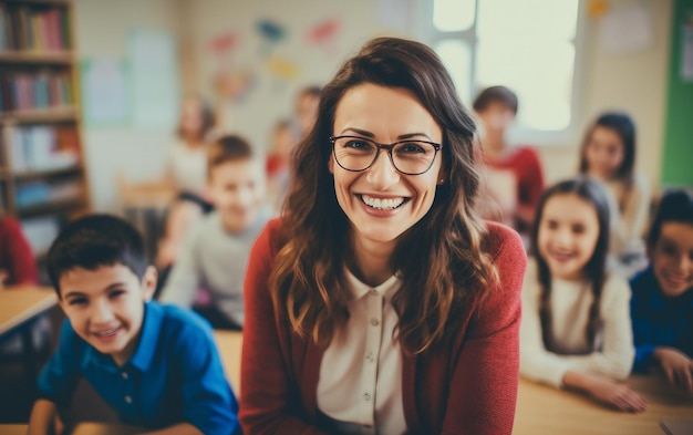 Un educador alegre en la clase primaria