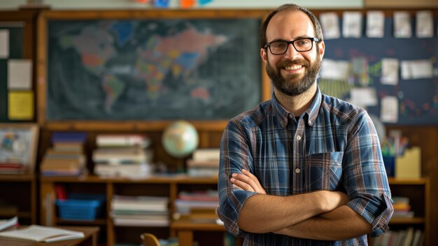 Foto educador confiante sorri na sala de aula com livros e globo