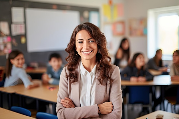 Educador de professores sorridente com óculos no fundo da classe