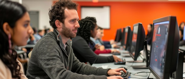 Foto educador no meio do ensino de habilidades de computação de ponta para a montagem de estudantes universitários ansiosos