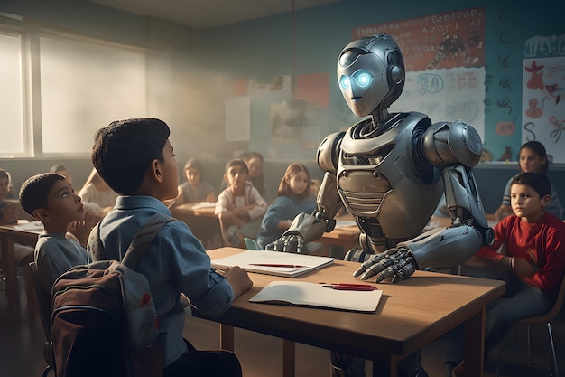 Un educador robot interactuando con estudiantes curiosos