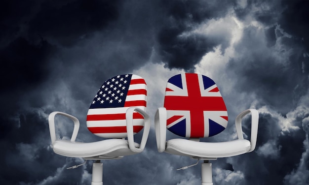 EE. UU. y Gran Bretaña presiden negocios Concepto de relación internacional Representación 3D