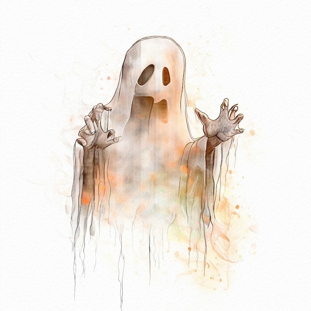 Eerie Halloween Aquarela Ilustração de uma casa assustadora no topo de uma colina e imagens assustadoras