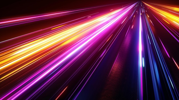 Efecto abstracto de la velocidad de la luz en fondo negro Ilustración moderna de líneas de gradiente de color neon amarillo rojo púrpura que se mueven hacia arriba Tecnología moderna y rápida transferencia de datos