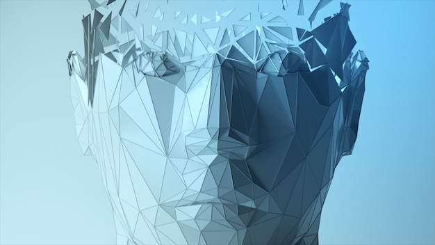 El efecto de la apariencia de un rostro humano digital poligonal. Inteligencia artificial. Ilustración 3d