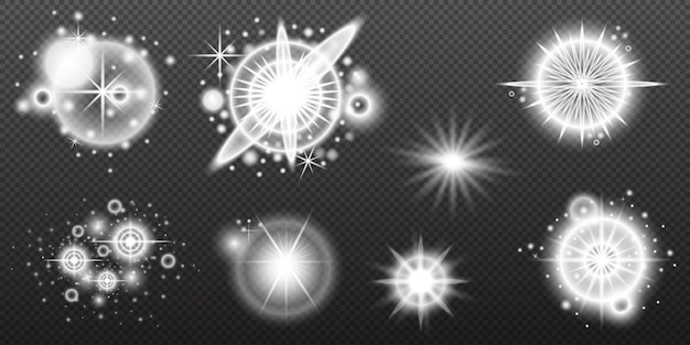 Efecto blanco ligero destello aislado explosión de neumático línea de polvo destello solar estrella chispa conjunto vectorial de luz solar