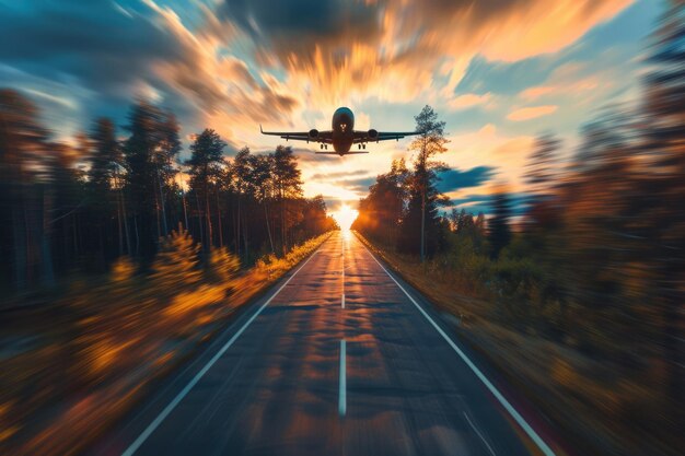 Foto efecto de borrón de movimiento en el atardecer avión volando sobre la carretera