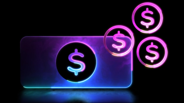 Efecto de brillo de neón en bucle Iconos de billetes y monedas financieras Fondo negro